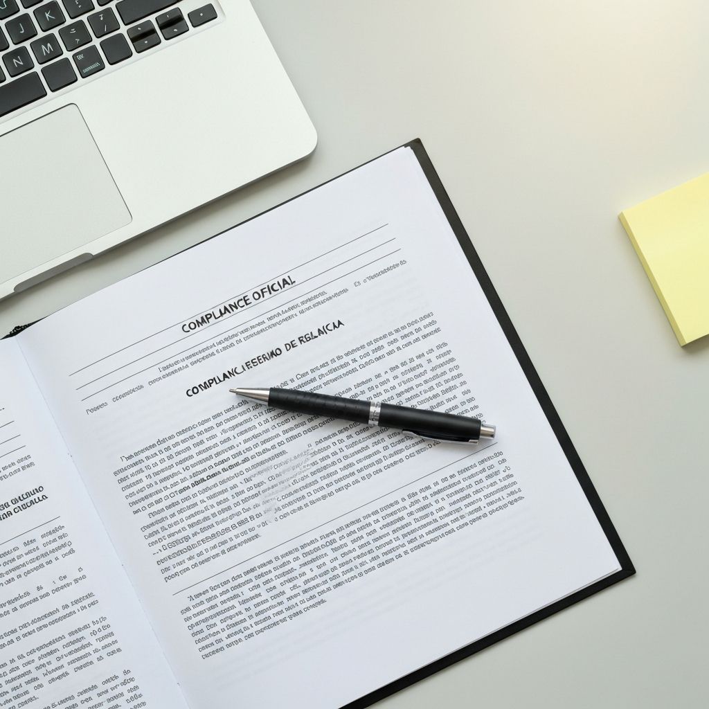 Documento técnico de conformidade regulatória aberto sobre mesa de trabalho
